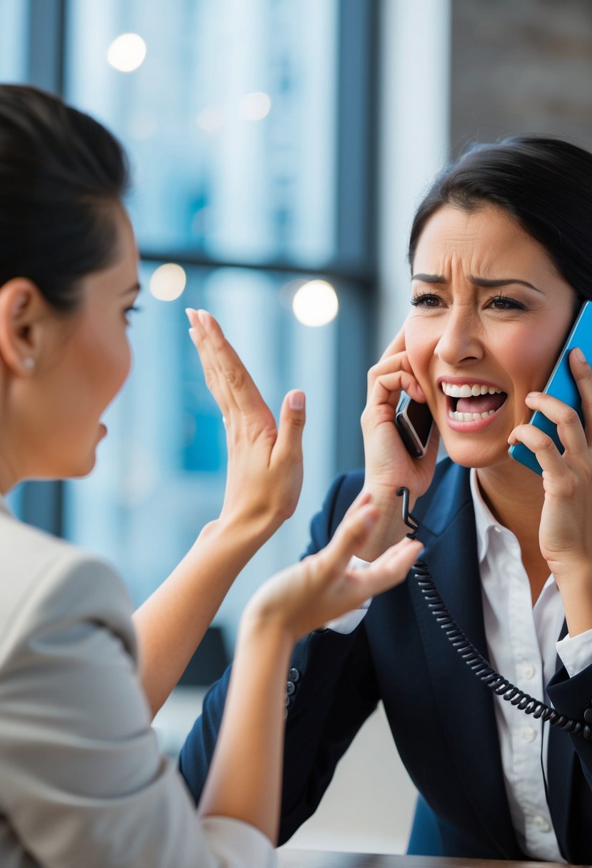 A frustrated customer on the phone with a bank representative, gesturing in disbelief as they refuse to cancel their card after a fraud incident