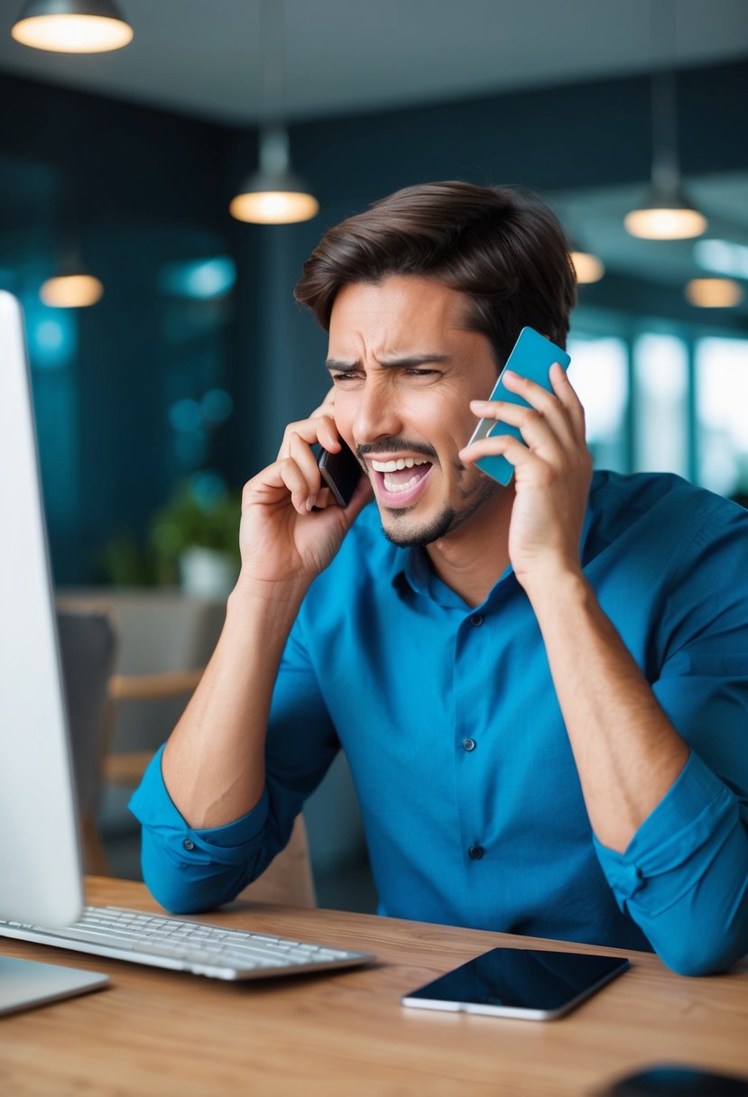 A person on the phone with a frustrated expression while holding their credit card and looking at a computer screen showing unauthorized transactions