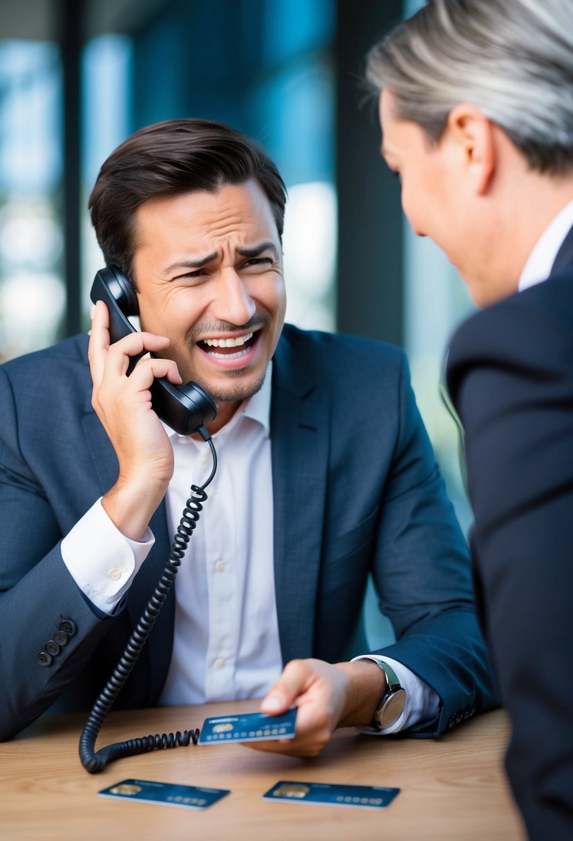 A frustrated customer on the phone with a bank representative, gesturing in disbelief as they refuse to cancel their card after a fraud detection