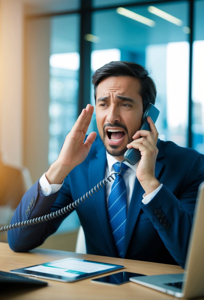 A frustrated customer on the phone, gesturing in disbelief as the bank representative refuses to cancel their card after a fraud incident