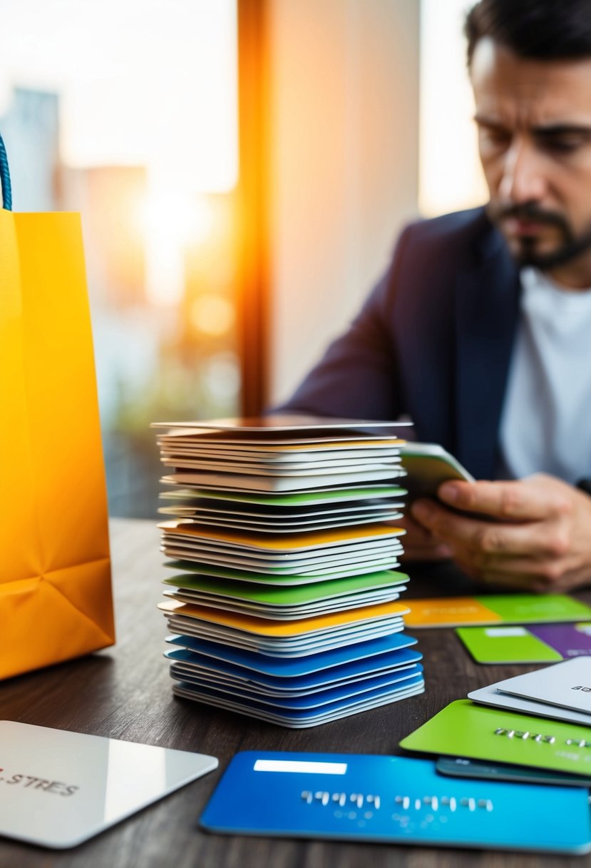 A stack of credit cards surrounded by shopping bags, with a concerned person looking at their bills