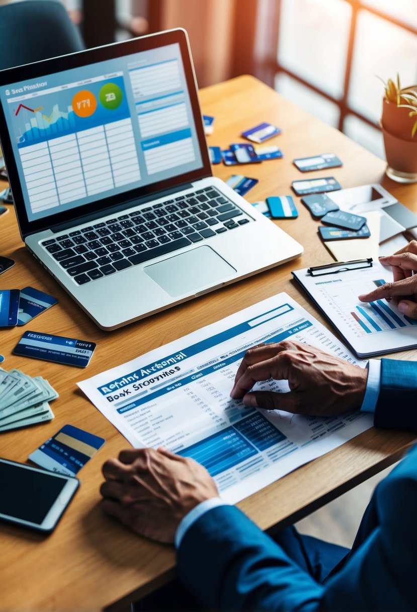 A cluttered desk with credit cards scattered, a laptop displaying spending data, and a worried Gen Z individual looking at their bank statement