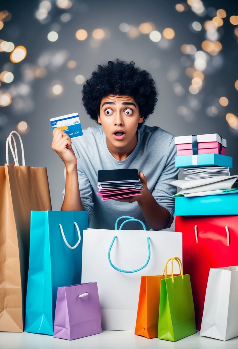 A young person surrounded by shopping bags and online shopping packages, with a stack of credit cards in hand. An overwhelmed expression on their face