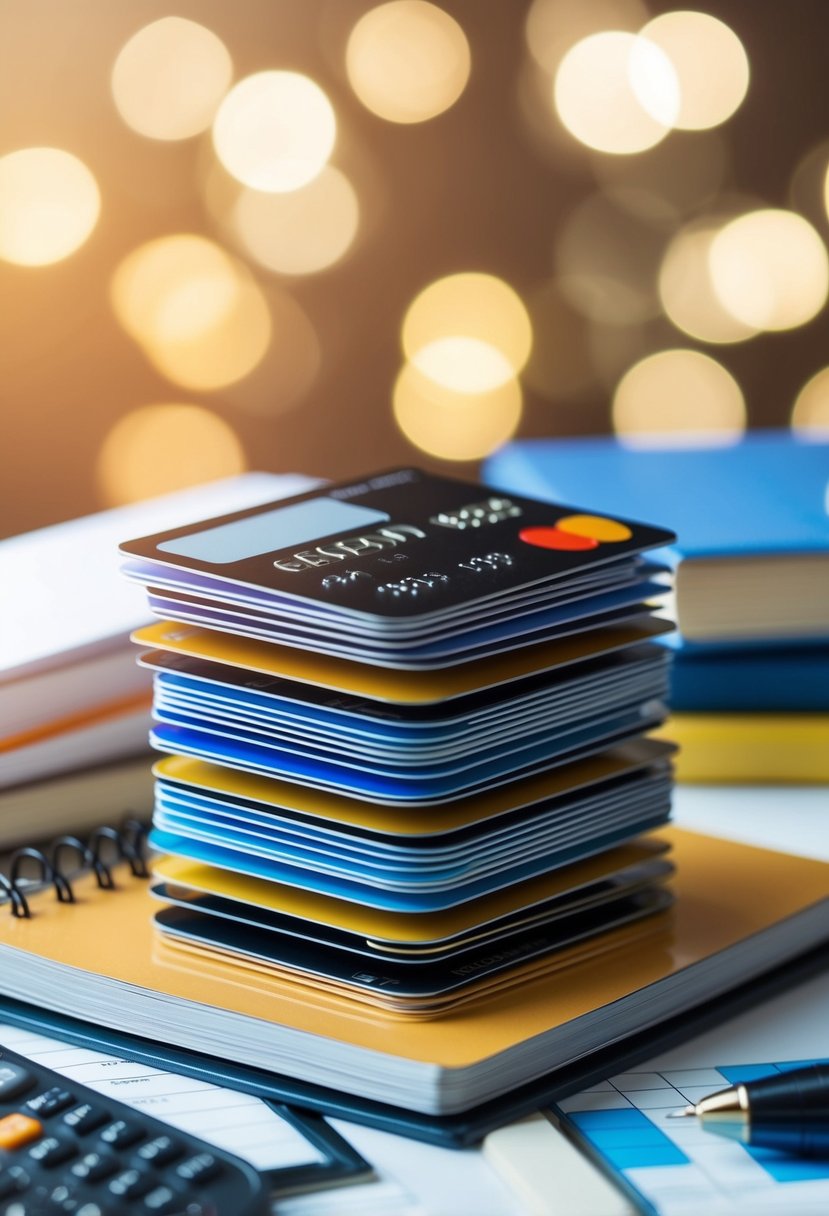 A stack of credit cards, some with high balances, surrounded by financial management books and tools