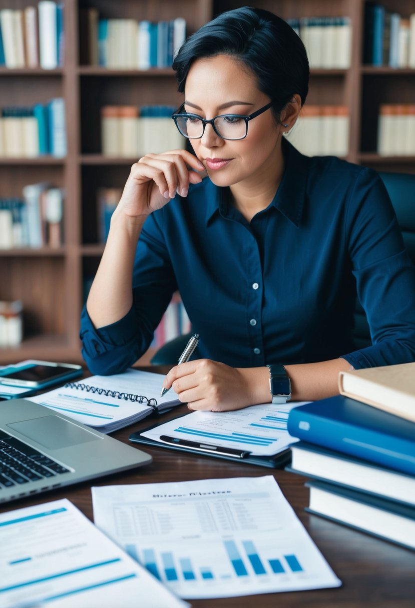 A person sitting at a desk, surrounded by books, a laptop, and financial documents. They are deep in thought, pen in hand, ready to take action
