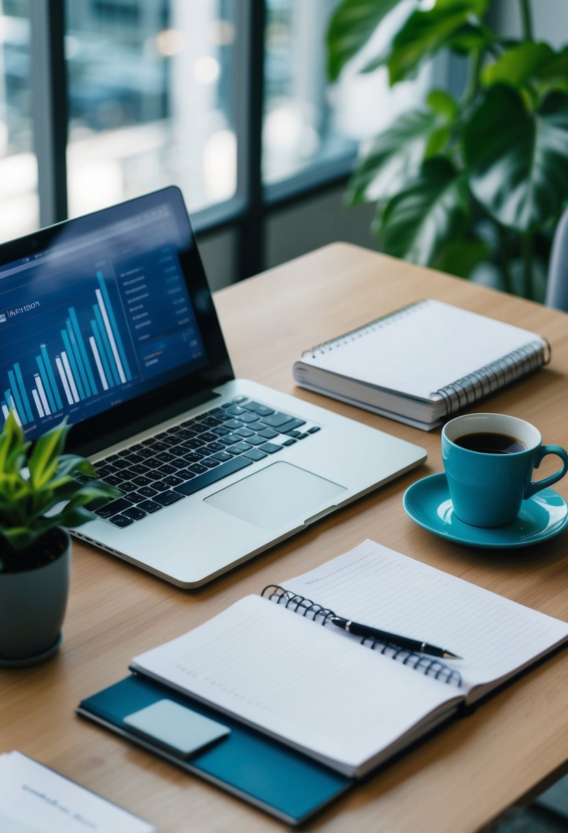 A desk with a laptop, financial books, and a notepad. A cup of coffee and a plant sit nearby