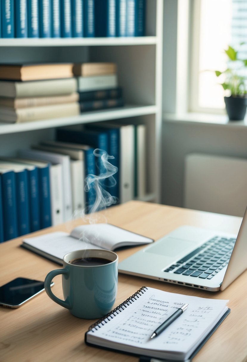 A serene, sunlit study with a cluttered desk, open laptop, and shelves of finance books. A mug of coffee steams beside a notepad filled with scribbled investment notes