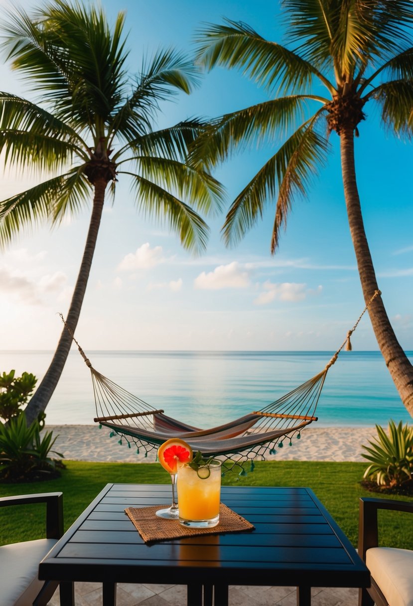 A tropical beach with a hammock and a cocktail on a table, surrounded by palm trees and a calm ocean