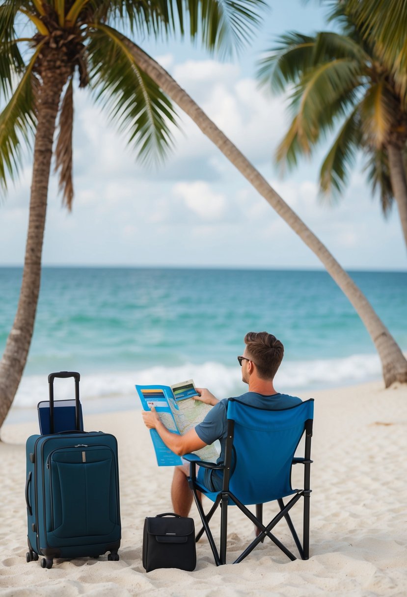 A traveler sitting on a beach chair, surrounded by palm trees, with a suitcase and a map, comparing different credit cards