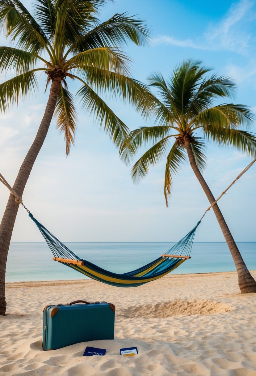 A serene beach with a hammock strung between two palm trees, a suitcase, and a credit card nestled in the sand
