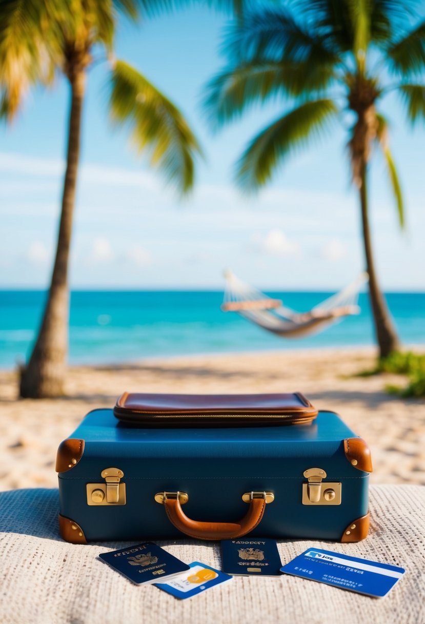 A serene beach with a suitcase, passport, and credit card. A hammock and palm trees in the background