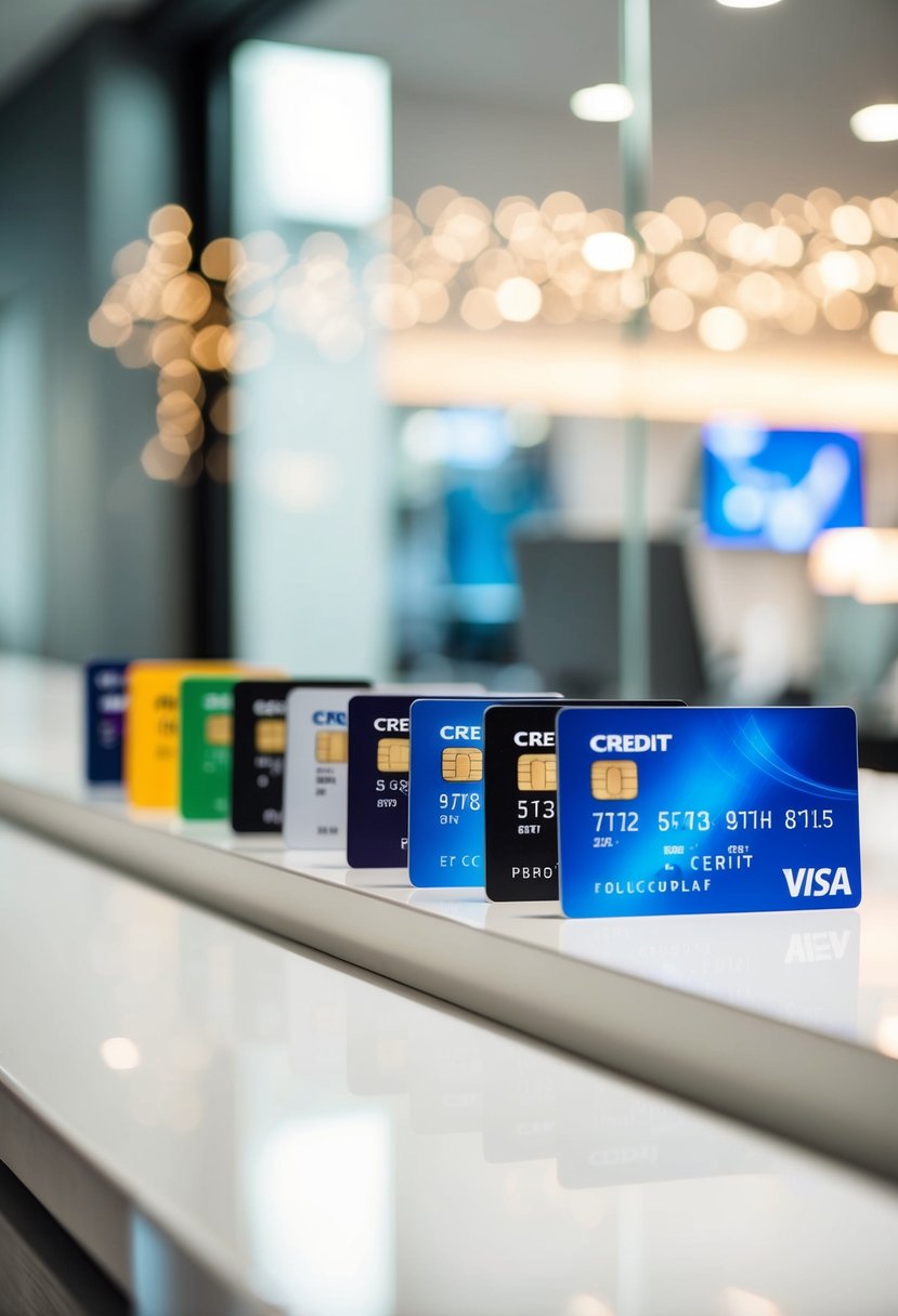 A row of colorful credit cards displayed on a clean, modern counter with a sleek, minimalist design