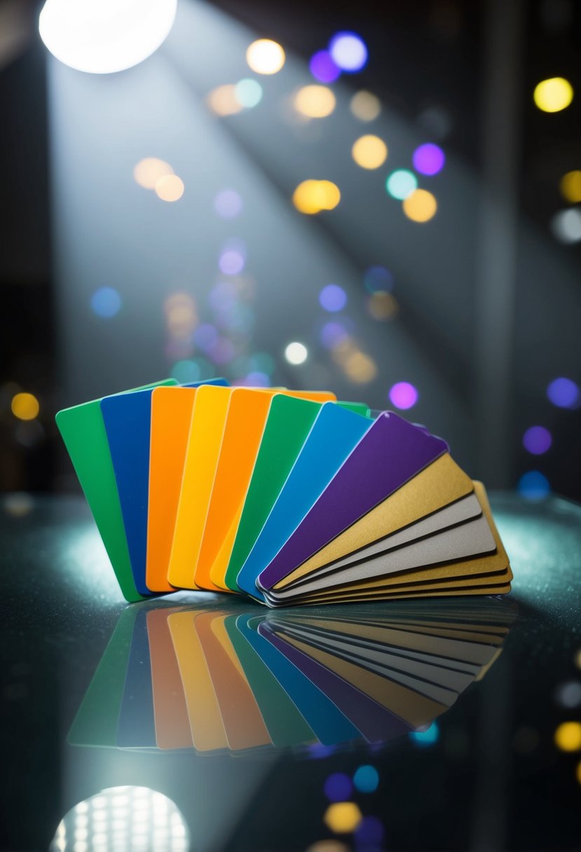 A stack of colorful store credit cards arranged in a fan shape on a glossy surface with a spotlight shining down on them