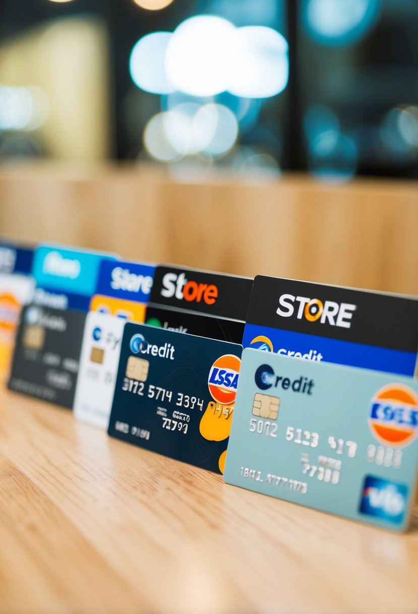 Several store credit cards arranged in a row, with each card displaying its unique design and logo