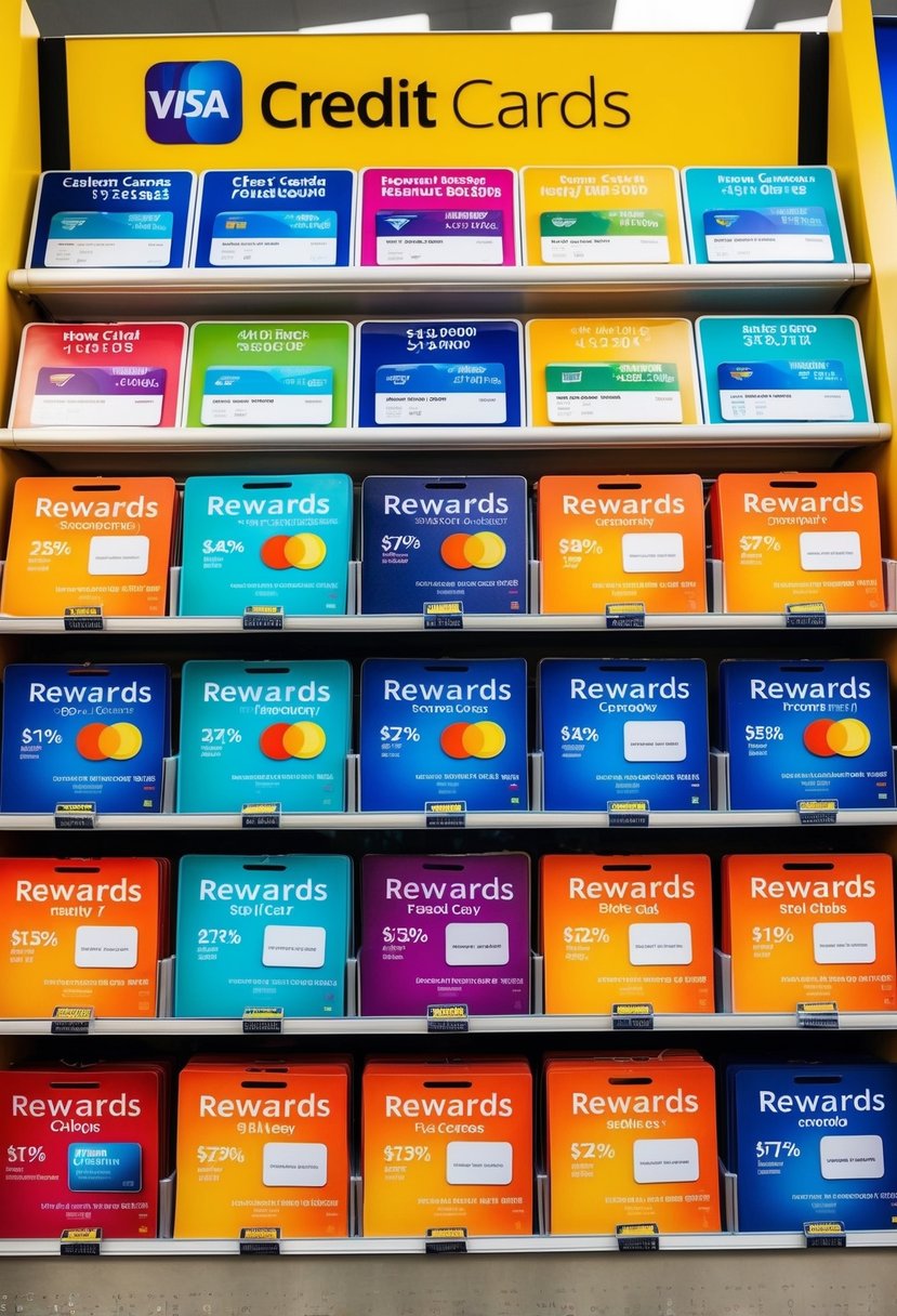 A bright and colorful store display showcasing various credit cards with rewards and savings offers