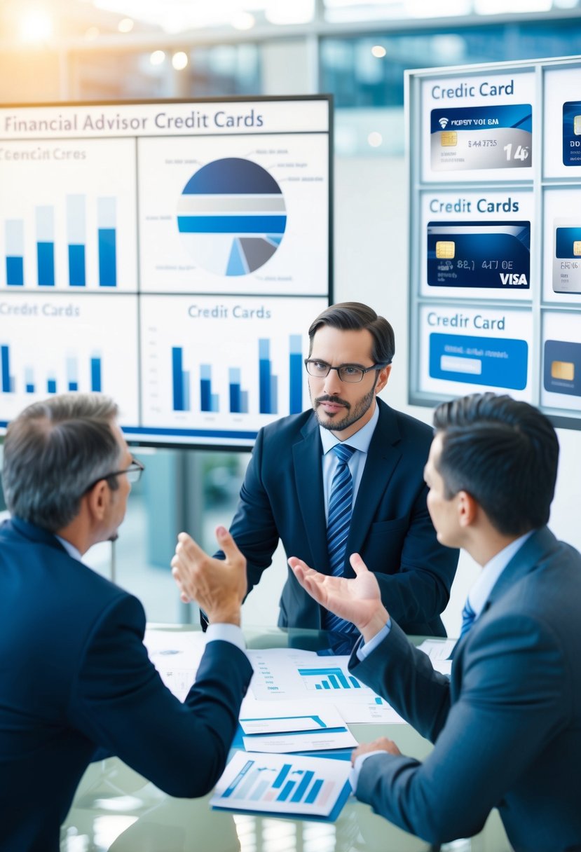 Financial advisors discussing credit cards, surrounded by charts and graphs, with various credit card designs displayed on a screen