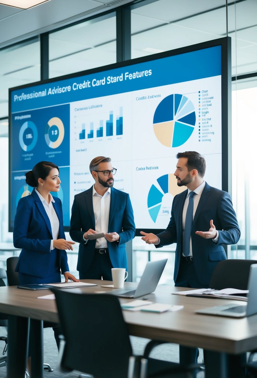 Financial advisors discussing credit card features in a modern office setting with charts and graphs displayed on a large screen