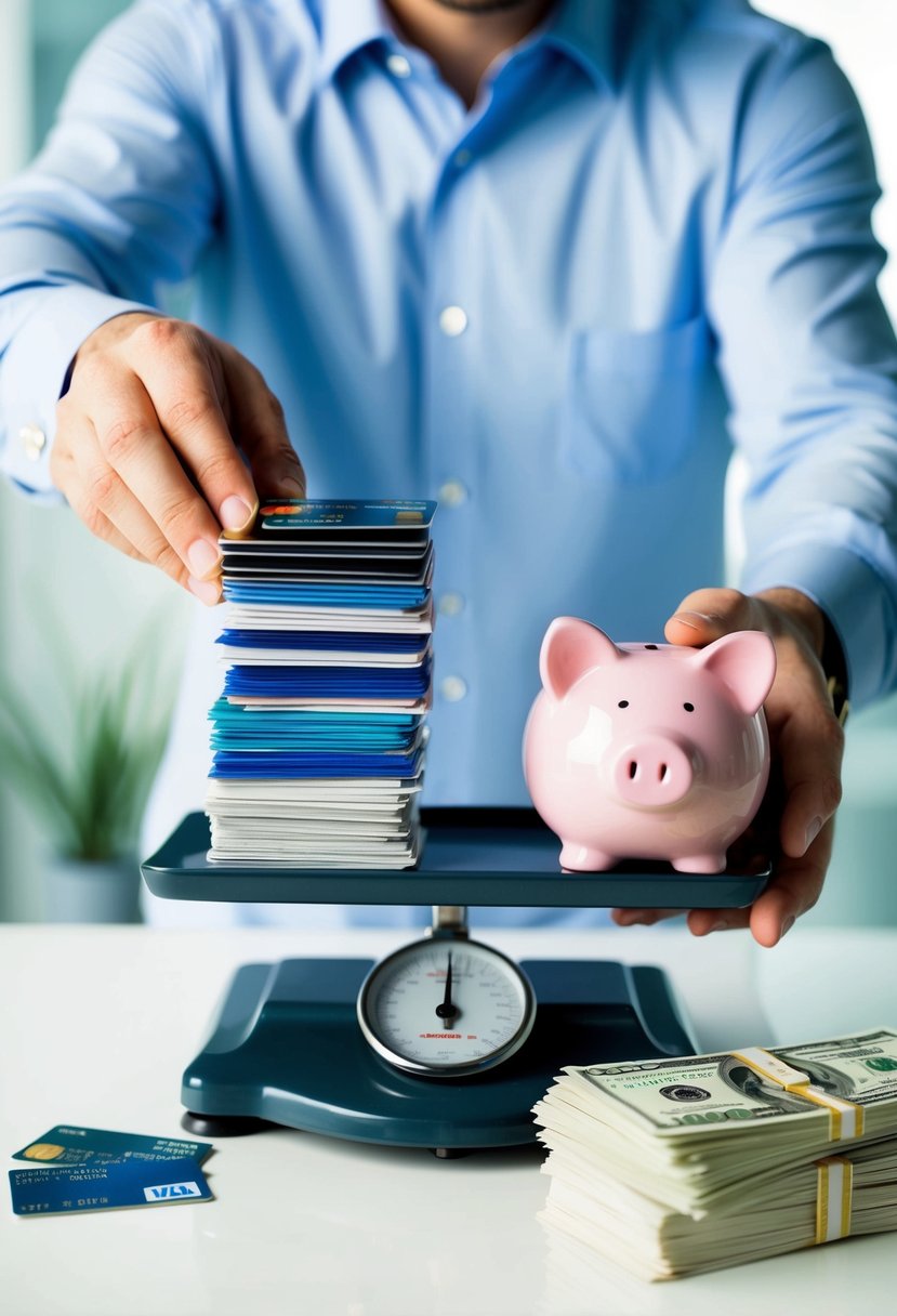 A financial advisor carefully weighing a stack of credit cards on a scale, with a piggy bank on one side and a stack of bills on the other