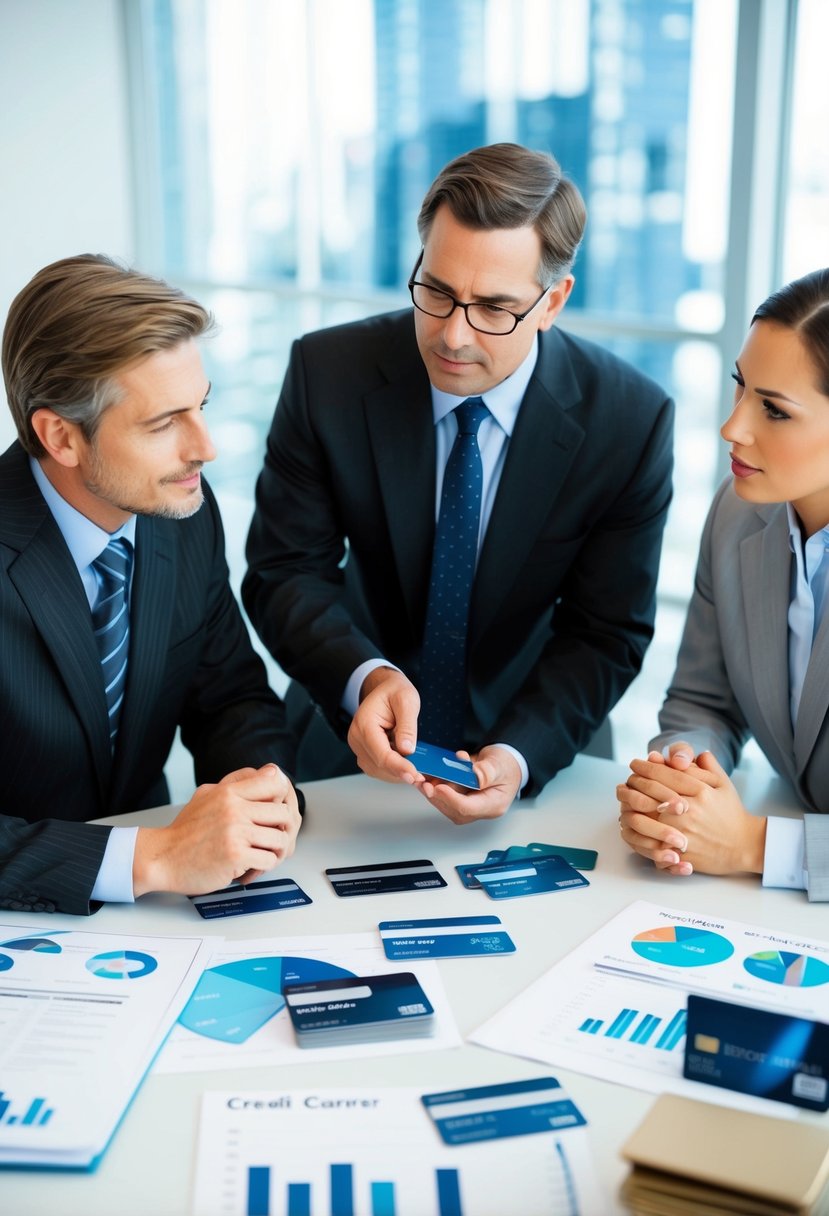 Financial advisors discussing and comparing various credit cards, surrounded by charts and graphs