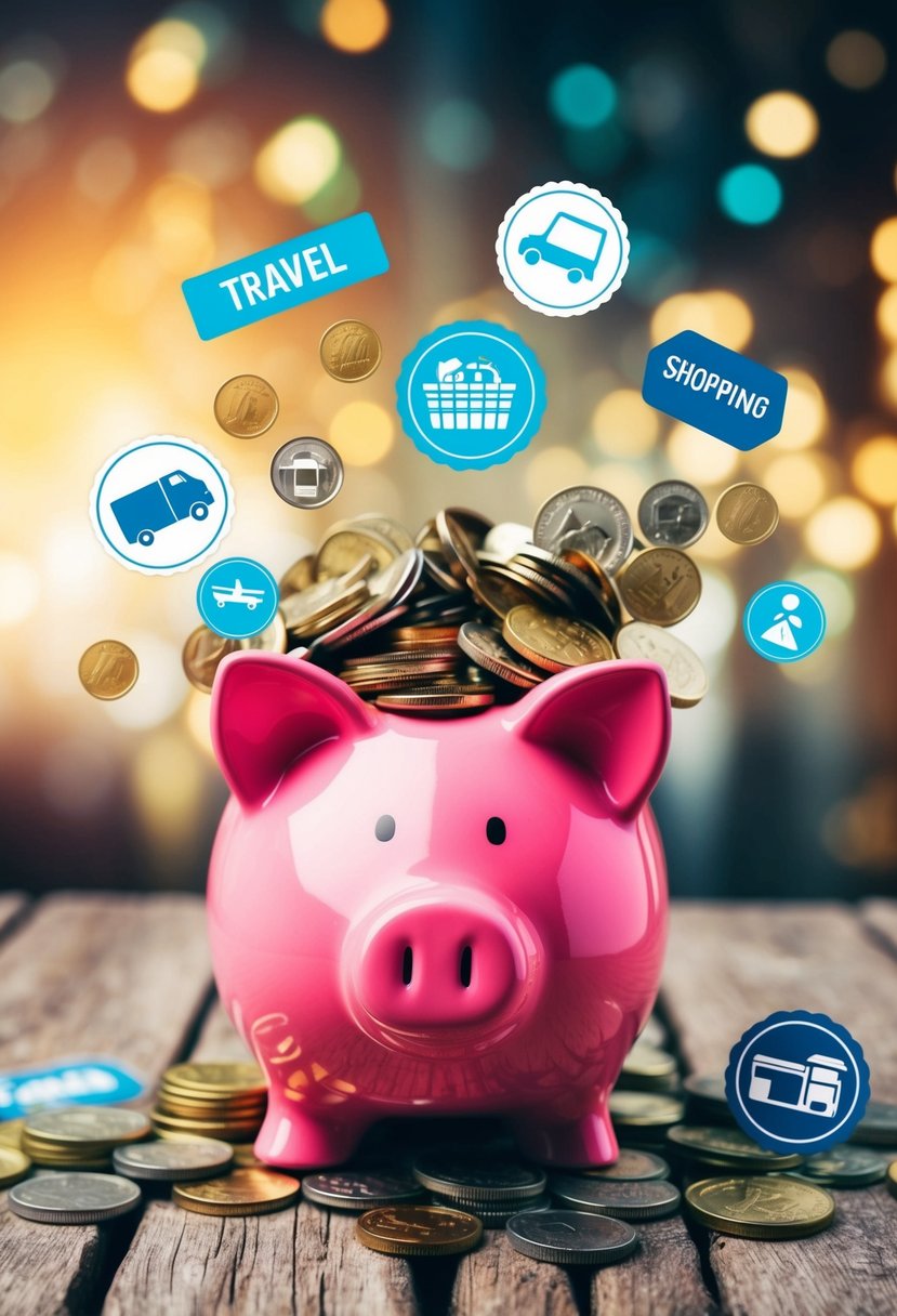 A colorful piggy bank overflowing with coins and surrounded by various items symbolizing different reward categories such as travel, dining, and shopping