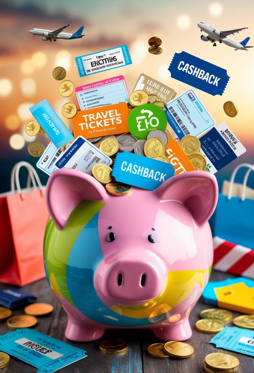 A colorful piggy bank overflowing with various rewards such as travel tickets, gift cards, and cashback coins, surrounded by fun and exciting activities like shopping bags, airplanes, and entertainment tickets