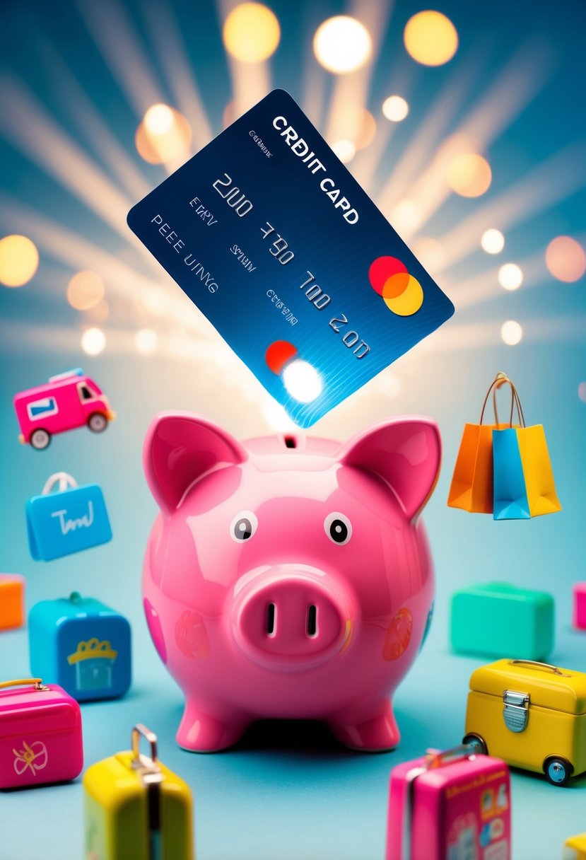 A colorful piggy bank surrounded by various fun and rewarding activities, such as travel, shopping, and dining, with a credit card floating above emitting rays of light