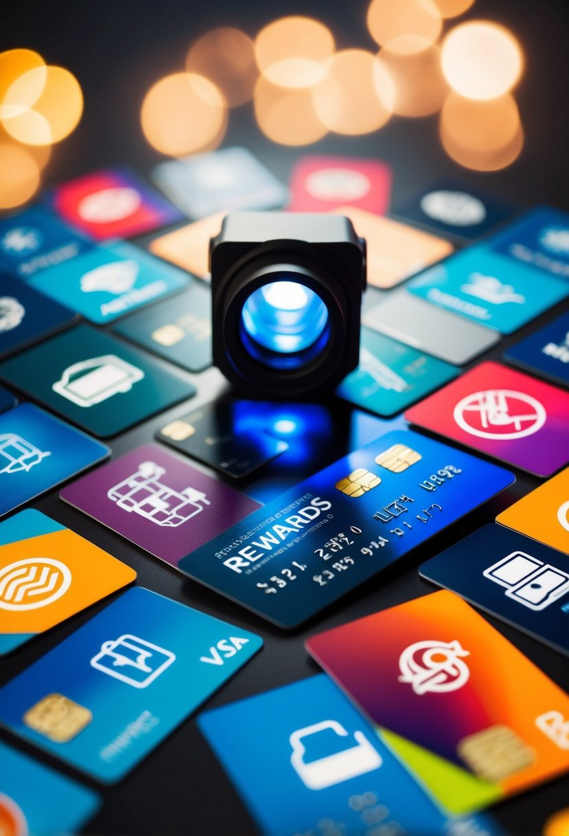 A colorful array of credit cards surrounded by icons of travel, dining, and shopping, with a spotlight on the word "rewards."