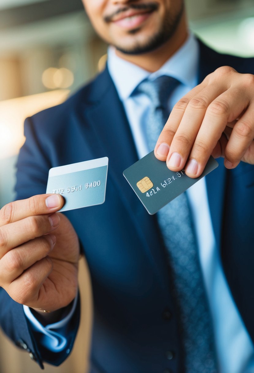 A person making a successful purchase with a credit card, while maintaining a confident and responsible demeanor