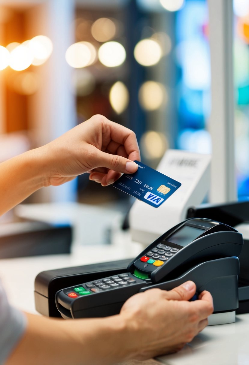 A person making a successful purchase with a credit card at a store checkout counter
