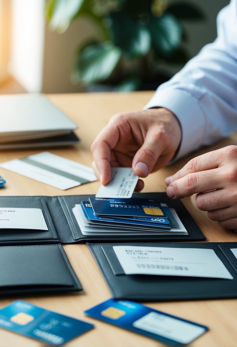A person carefully organizing and categorizing credit cards and payment receipts into separate folders and files for efficient management