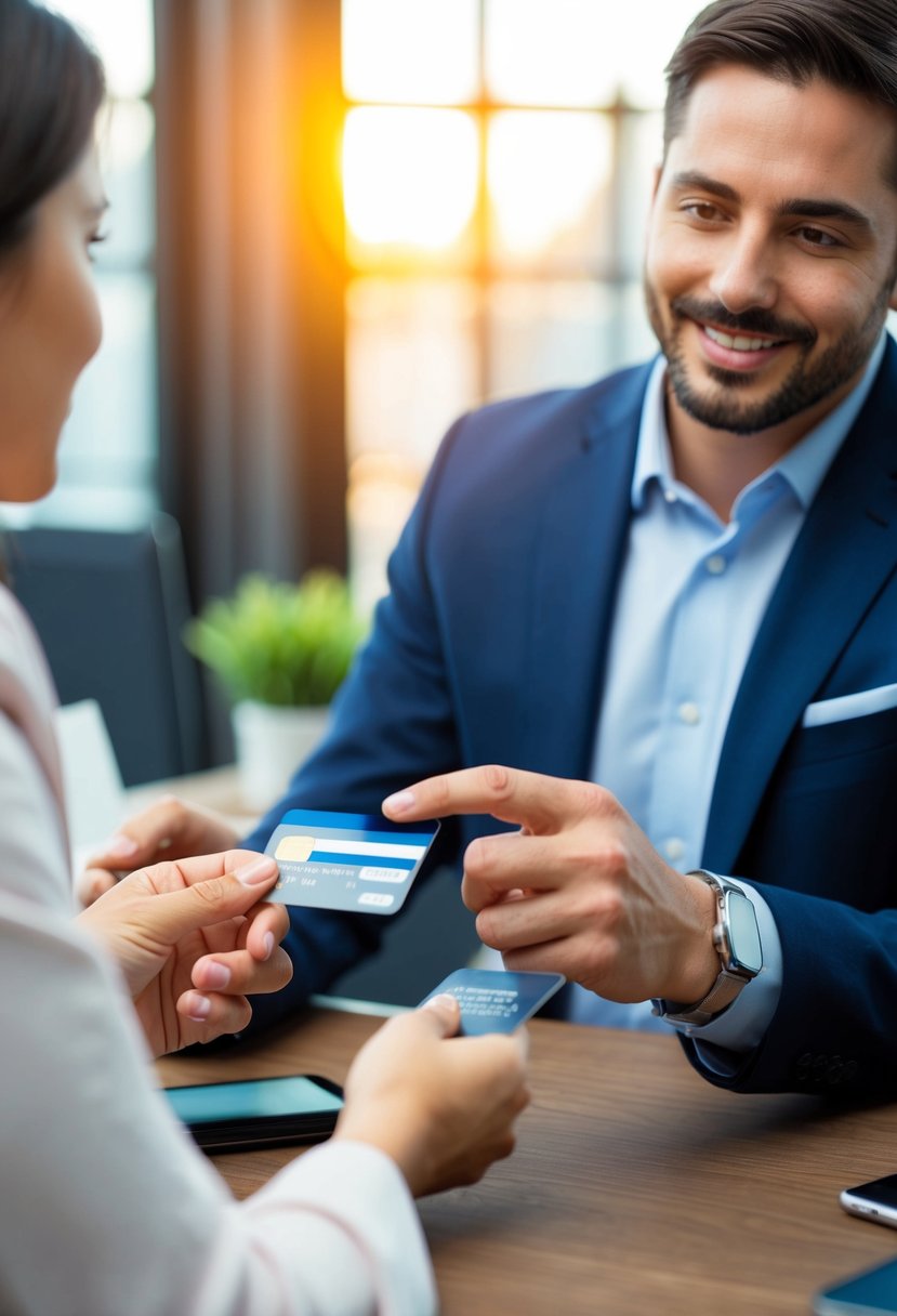 A person using a credit card to make a planned purchase, while a financial planner looks on