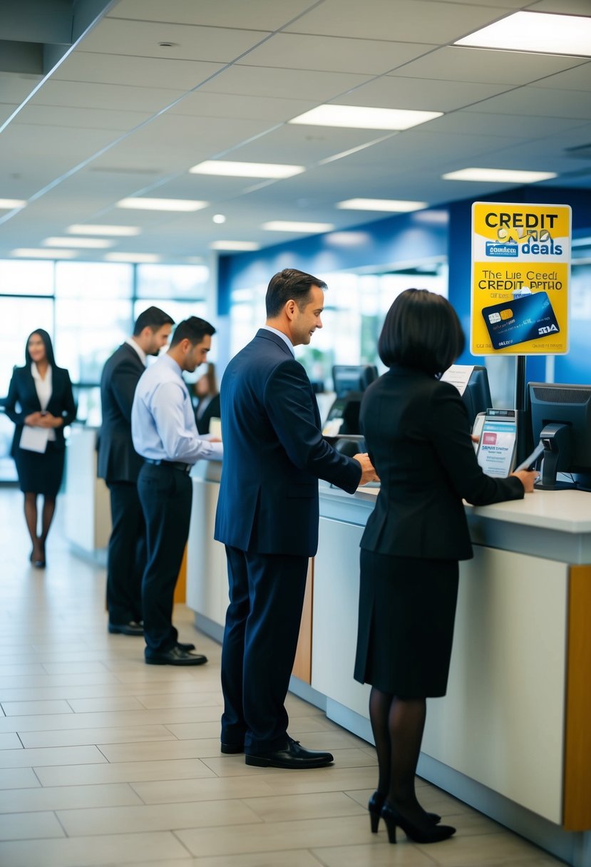 A bank branch with a line of customers at the credit card desk, a banker assisting a customer, and a sign advertising credit card deals