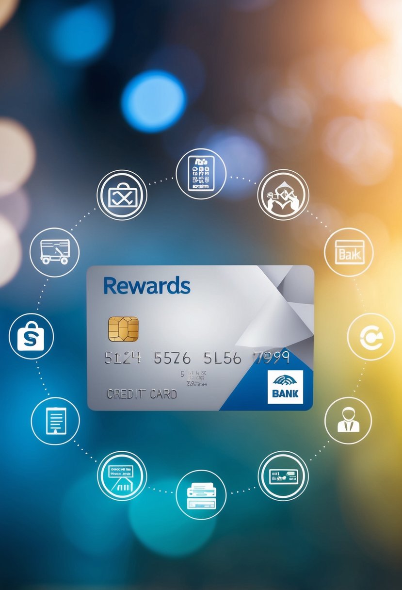 A credit card surrounded by icons of rewards and benefits, with a bank logo in the background