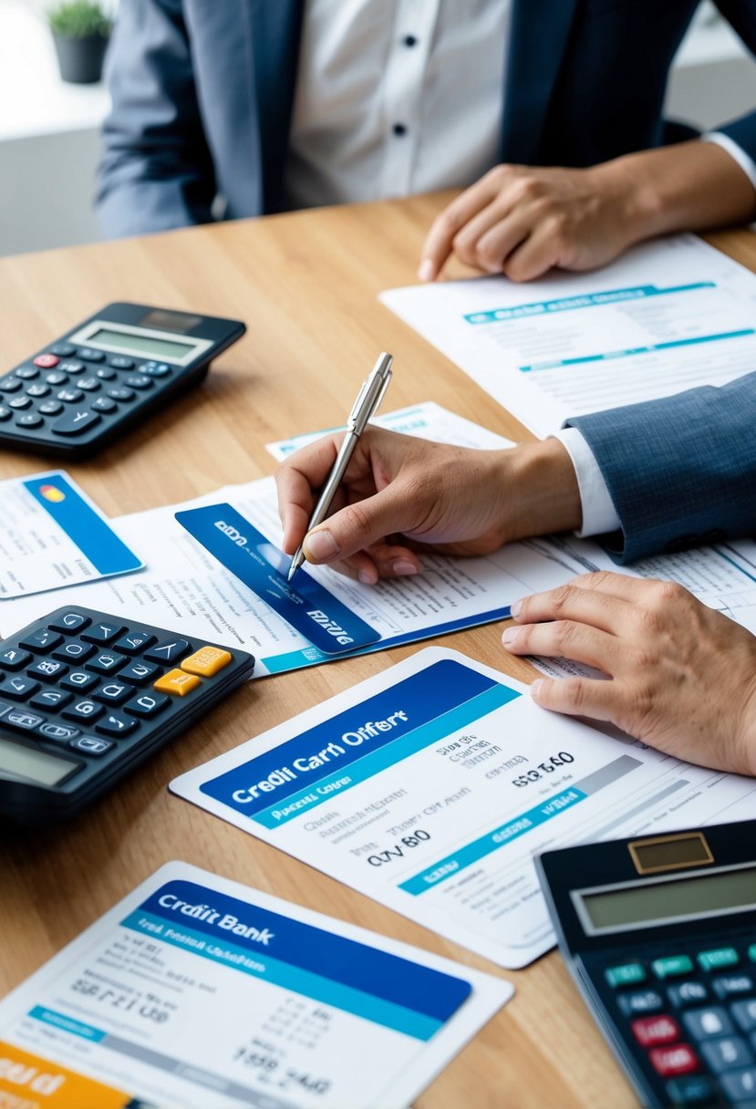 A person comparing credit card offers from different banks, surrounded by financial documents and calculators