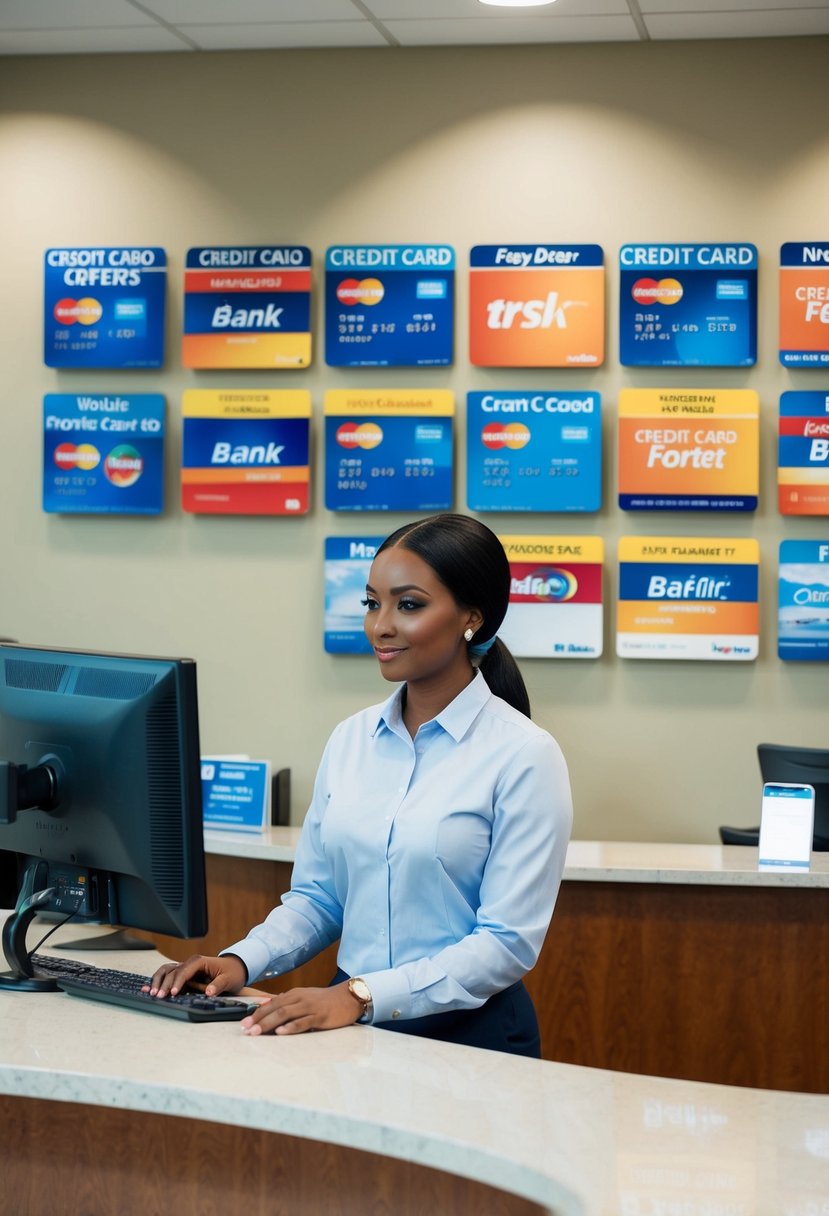 A person standing at a bank counter, surrounded by various credit card offers displayed on the wall behind the teller