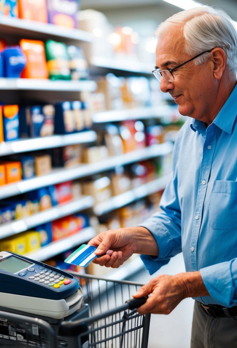 A retiree swiping a credit card to purchase various items in a store