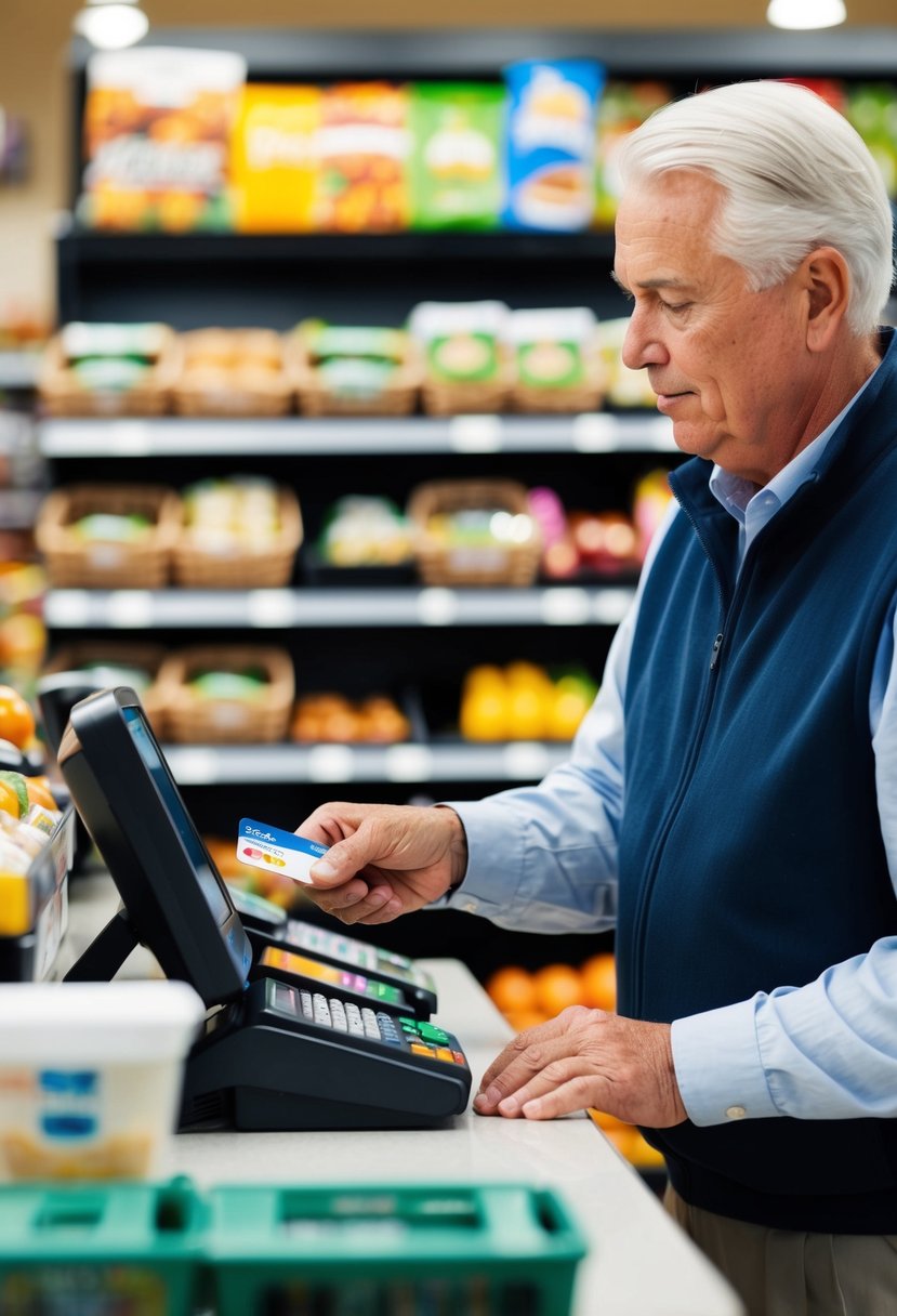 A retiree using a credit card to make various purchases at a grocery store checkout counter