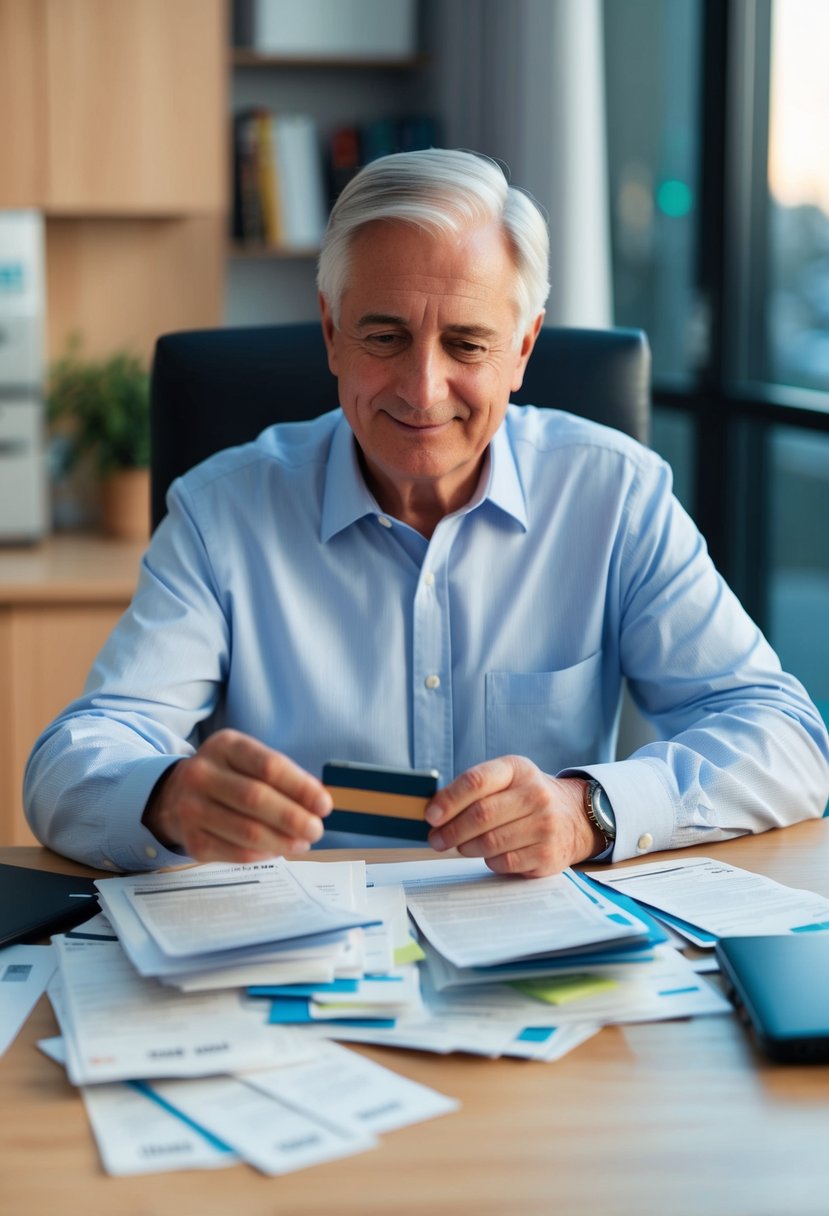 A retiree sitting at a desk surrounded by bills and receipts, sorting through them with a credit card in hand