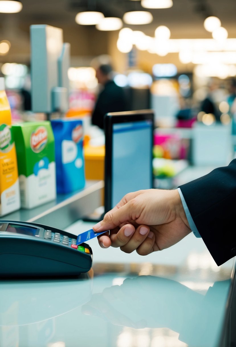 A person swiping a credit card at a checkout counter with various items and products in the background
