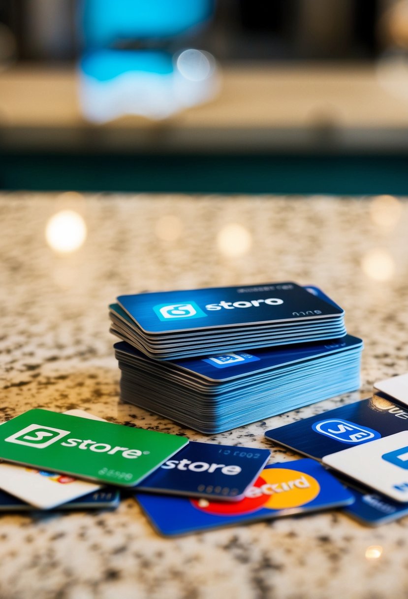 A stack of store credit cards, each with a different logo, scattered on a countertop