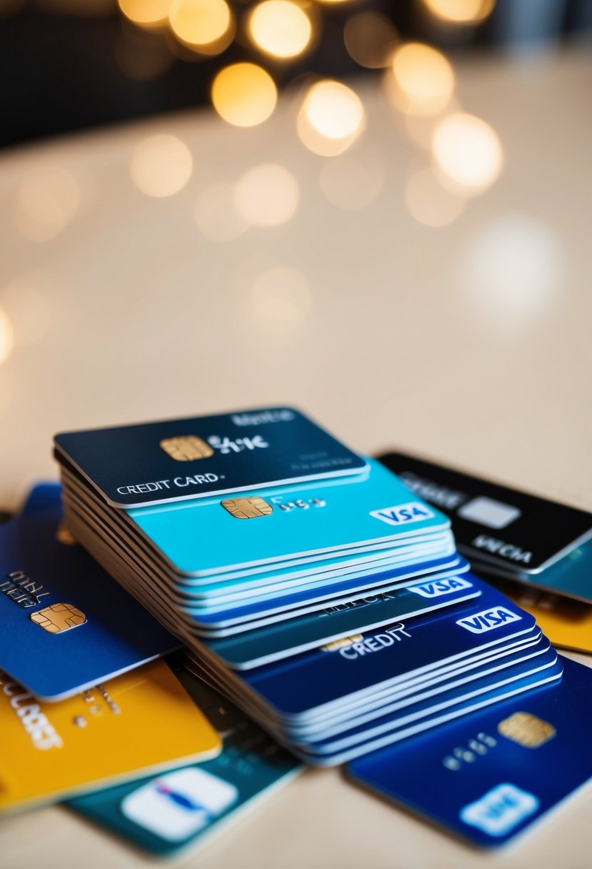 A stack of store credit cards, some with logos and others plain, arranged haphazardly on a table
