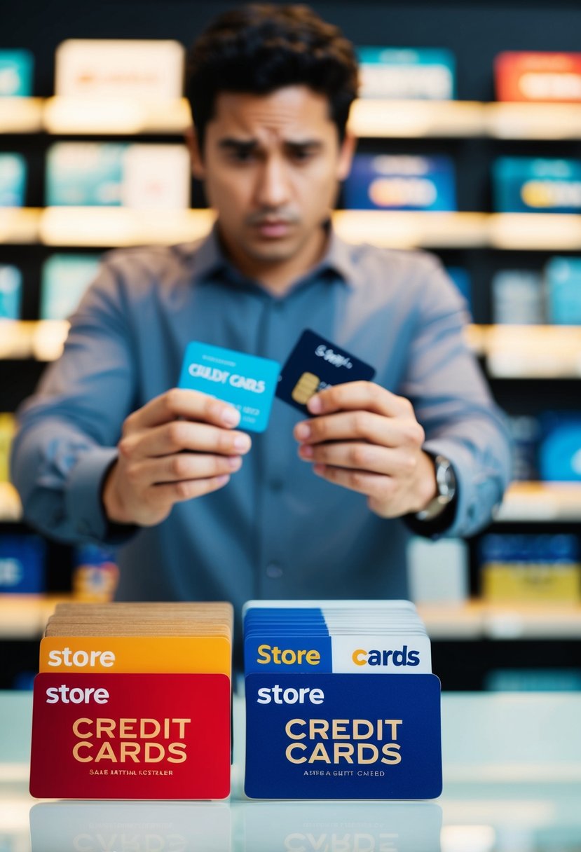 A person standing in front of a selection of store credit cards, looking confused and unsure while assessing their options