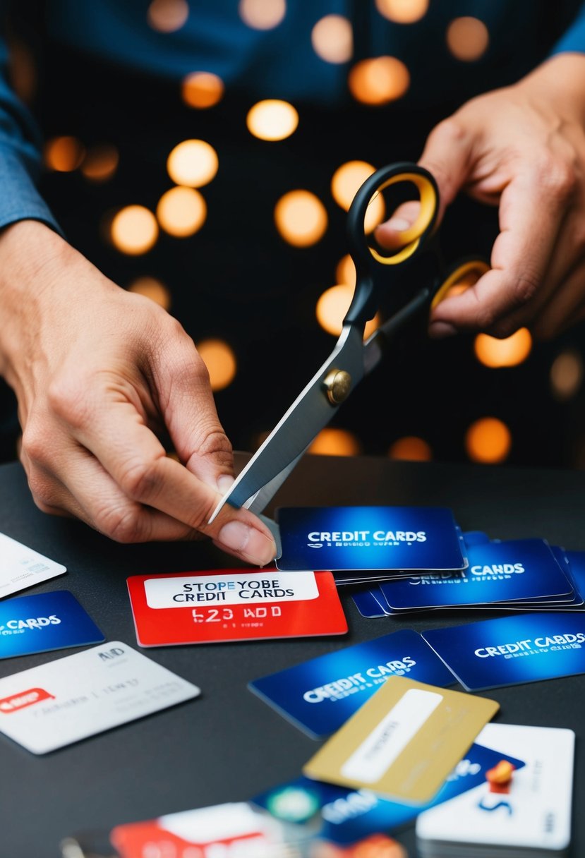 A person cutting up store credit cards with scissors