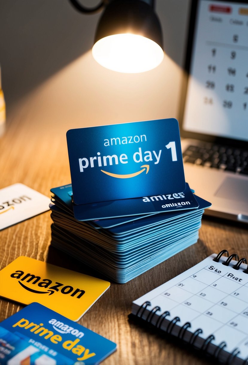A stack of credit cards surrounded by Amazon Prime Day items and a calendar, with a spotlight shining on the cards