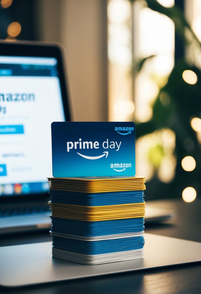 A stack of credit cards arranged strategically on a desk, with a laptop open to Amazon Prime Day deals in the background