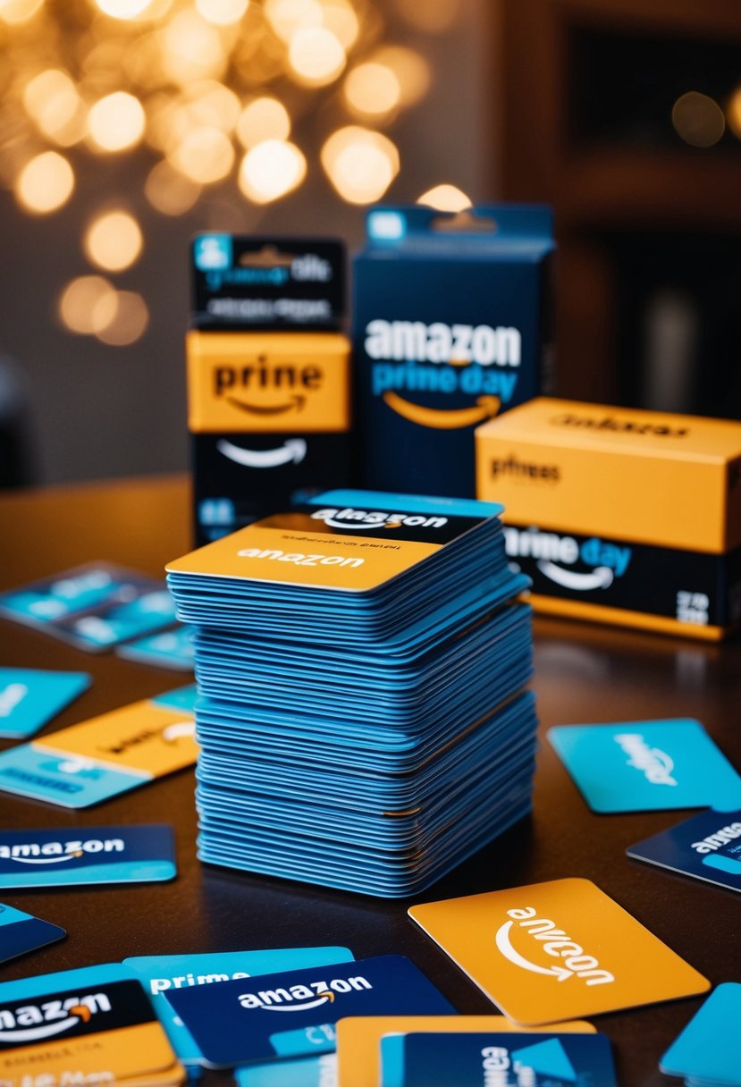 A stack of credit cards surrounded by Amazon Prime Day products on a table