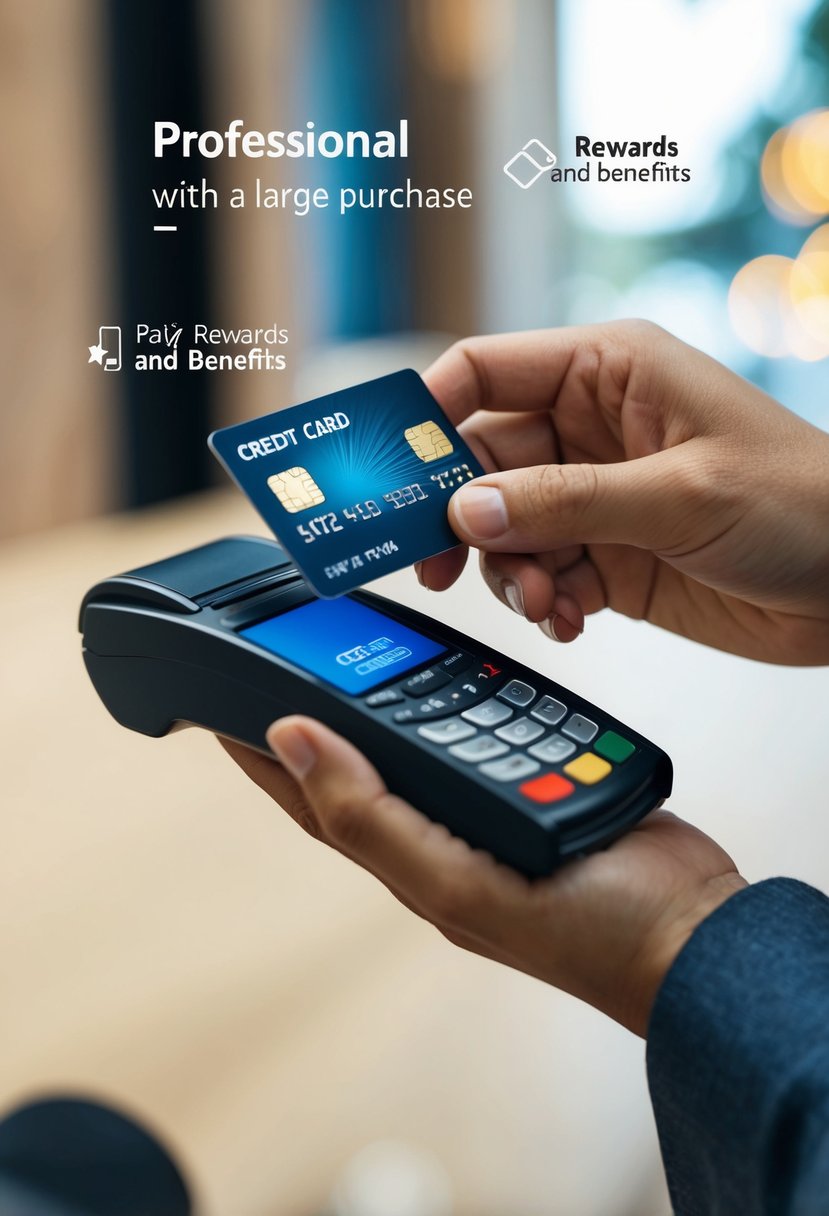 A person swiping a credit card to pay for a large purchase, with rewards and benefits being highlighted