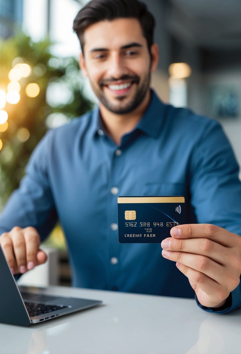 A person charging a large purchase on a credit card and receiving rewards in the form of points or cash back