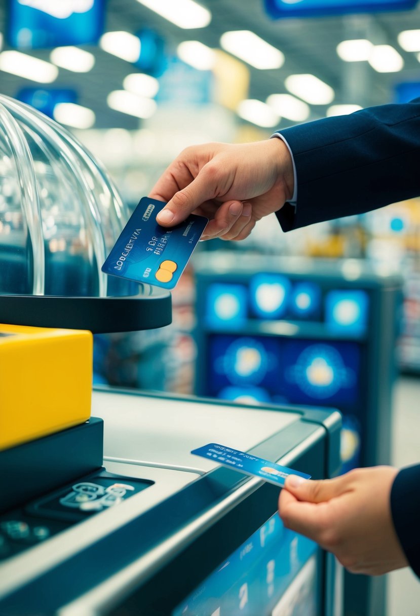 A person swiping a credit card at a store with a large item on display, surrounded by reward symbols