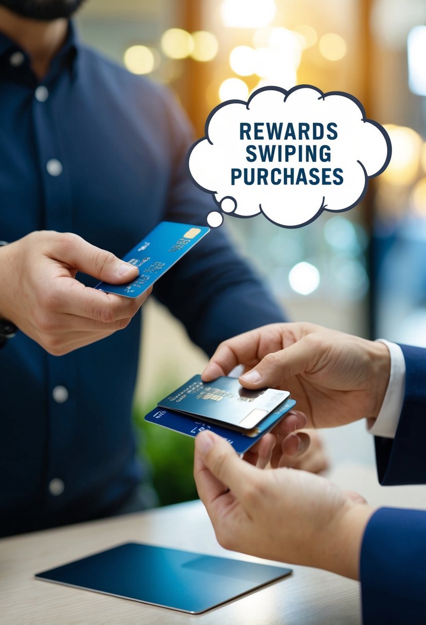 A person swiping a credit card to pay for a large purchase, with a thought bubble showing rewards